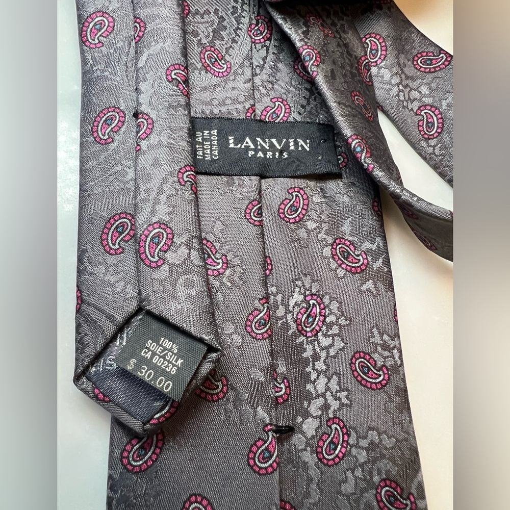 Vintage 90s Lanvin Paris Silk Tie Grey Pink Paisley Jacquard Luxury Necktie - Picture 3 of 4